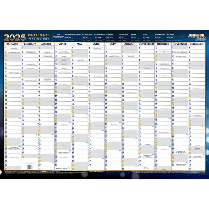 COLLINS WRITERAZE 10800 QC EXECUTIVE YEAR PLANNER LAMINATED ROLL UP 700 X 1000MM