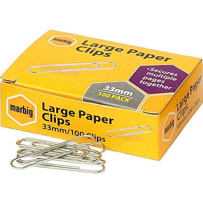 MARBIG PAPER CLIP LARGE 33MM BOX 100