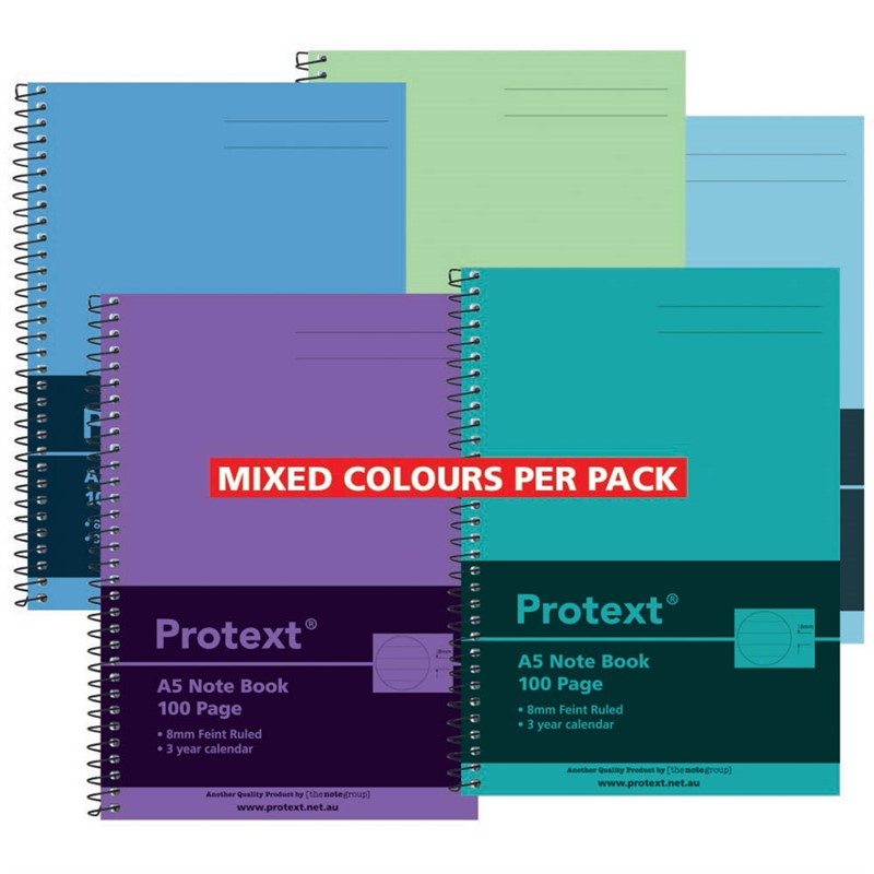 PROTEXT NOTE BOOK 8MM FEINT RULED 55GSM 100 PAGE A5 ASSORTED