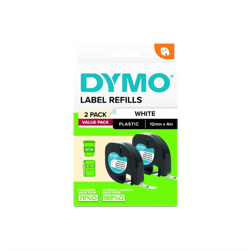 DYMO LETRATAG PLASTIC TAPE 12MM X 4M WHITE PACK 2