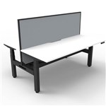 RAPIDLINE BOOST PLUS HEIGHT ADJUSTABLE DOUBLE SIDED WORKSTATION WITH SCREEN  CABLE TRAY 1800 X 750MM NATURAL WHITE TOP  BLACK FRAME  GREY SCREEN