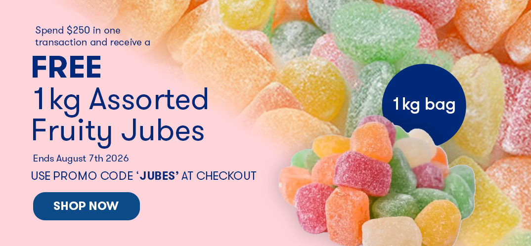 Free 1kg Assorted Fruity Jubes. Conditions apply.