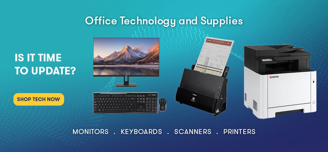 Office technology and supplies featuring monitor, keyboard, scanner and printer